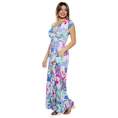 Women's 24Seven Comfort Apparel Abstract V-Neck Cap Sleeve Side Slit Pocket A-Line Maxi Dress