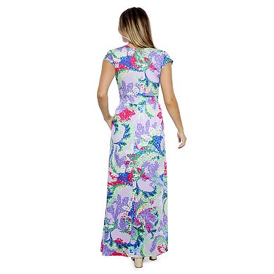 Women's 24Seven Comfort Apparel Abstract V-Neck Cap Sleeve Side Slit Pocket A-Line Maxi Dress
