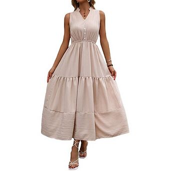 Womens Elegant Dress Sleeveless V-Neck Button Front Smocked Waist Tiered Dress for Wedding Guest