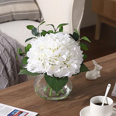 Hydrangea Artificial Flowers in Vase, Silk Faux Hydrangea Fake Flower Arrangements w/Glass Vase