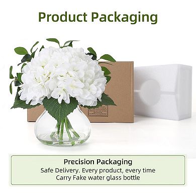 Hydrangea Artificial Flowers in Vase, Silk Faux Hydrangea Fake Flower Arrangements w/Glass Vase