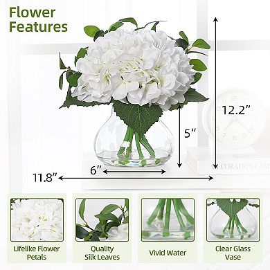 Hydrangea Artificial Flowers in Vase, Silk Faux Hydrangea Fake Flower Arrangements w/Glass Vase