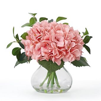 Hydrangea Artificial Flowers in Vase, Silk Faux Hydrangea Fake Flower Arrangements w/Glass Vase