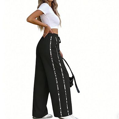Women's Wide Leg Pants with Contrast Side Stripe High Waist Drawstring Casual Trousers