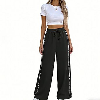 Women's Wide Leg Pants with Contrast Side Stripe High Waist Drawstring Casual Trousers