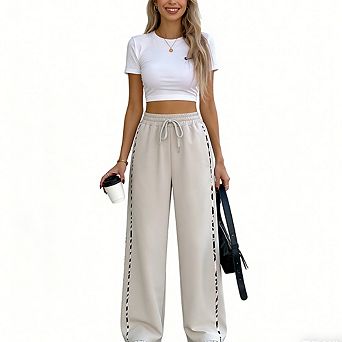 Women's Wide Leg Pants with Contrast Side Stripe High Waist Drawstring Casual Trousers