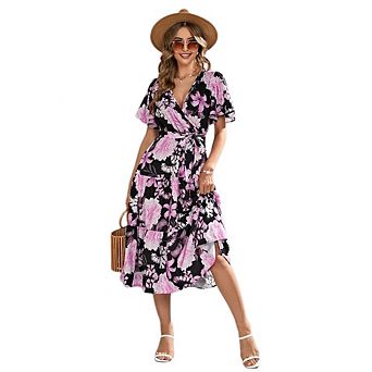 Womens Floral Midi Dress V Neck Short Sleeve Tie Waist Tiered Summer Dress for Vacation Date