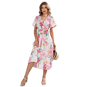 Womens Floral Midi Dress V Neck Short Sleeve Tie Waist Tiered Summer Dress for Vacation Date