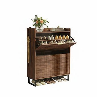 Fluted Shoe Cabinet with 2 Flip Drawers, Wooden Shoe Storage Cabinet for Entryway, Hallway