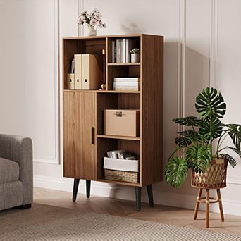 4 tier Bookcase,Freestanding Wood Short Bookshelf with Door,Multi-Functional Cube Storage Organizer