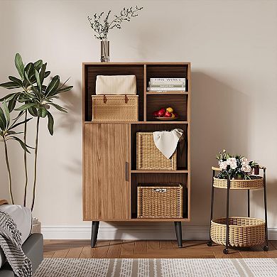 4 Tier Bookcase,Freestanding Wood Short Bookshelf with Door,Multi-Functional Cube Storage Organizer