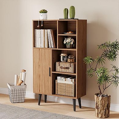 4 Tier Bookcase,Freestanding Wood Short Bookshelf with Door,Multi-Functional Cube Storage Organizer