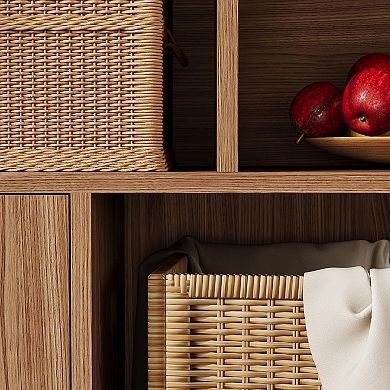 4 Tier Bookcase,Freestanding Wood Short Bookshelf with Door,Multi-Functional Cube Storage Organizer