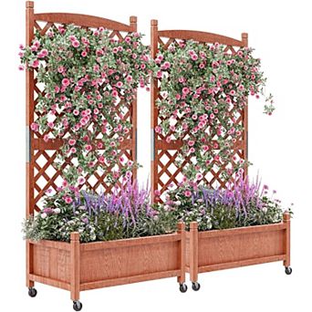 2 pc Vertical Wooden Raised Garden Bed with Trellis Wheels Drainage Holes Indoor Outdoor Planter Box