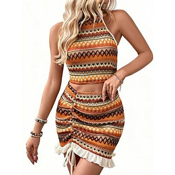 Womens 2 pc Dress Sets Boho Stripe Knit Halter Crop Top Ruched Mini Skirt Set For Beach Pool