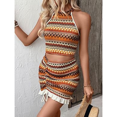 Womens 2 Piece Dress Sets Boho Stripe Knit Halter Crop Top Ruched Mini Skirt Set For Beach Pool