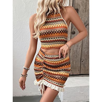 Womens 2 Piece Dress Sets Boho Stripe Knit Halter Crop Top Ruched Mini Skirt Set For Beach Pool