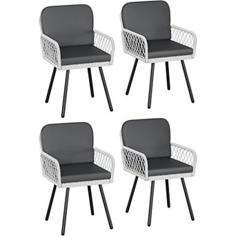 4 pc Patio Dining Armchairs, Black Metal White Rattan with Cushions Indoor Outdoor Use