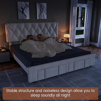 Bed Frame with Button Tufted Headboard No Box Spring Needed