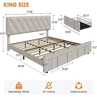 Bed Frame with Button Tufted Headboard No Box Spring Needed