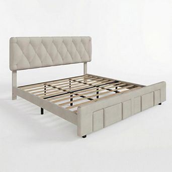 Bed Frame with Button Tufted Headboard No Box Spring Needed