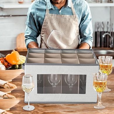 Wine Glass Storage Box 3 Pack, Stemware Container Cases with Dividers, Handle & Clear Window