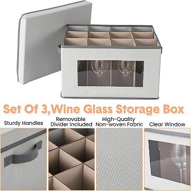 Wine Glass Storage Box 3 Pack, Stemware Container Cases with Dividers, Handle & Clear Window