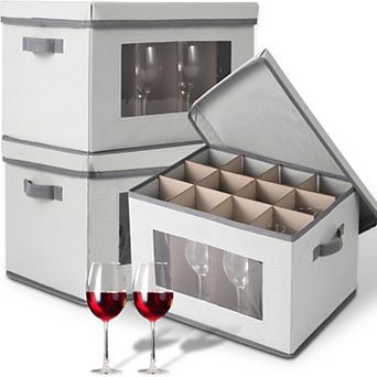 Wine Glass Storage Box 3 Pack, Stemware Container Cases with Dividers, Handle & Clear Window
