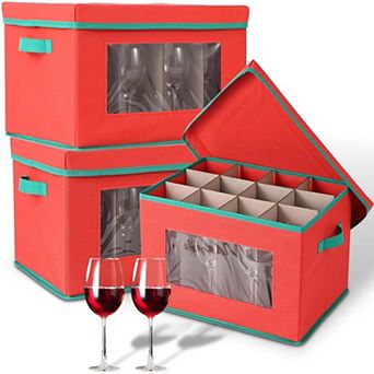 Wine Glass Storage Box 3 Pack, Stemware Container Cases with Dividers, Handle & Clear Window