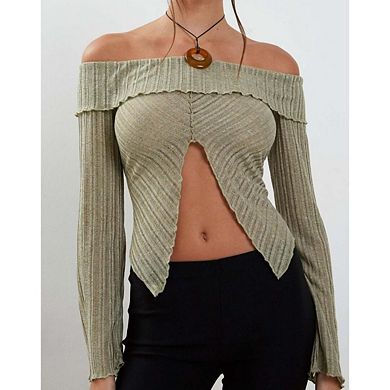 Women's Long Sleeve Off-Shoulder Crop Top Front Split Fitted Knit Tee Shirts Going Out Tops