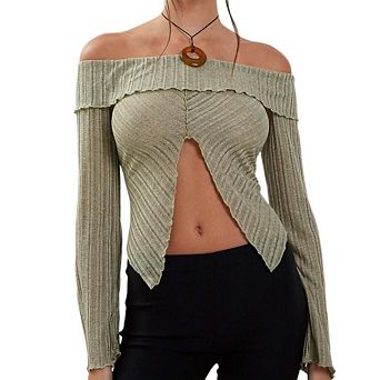 Women's Long Sleeve Off-Shoulder Crop Top Front Split Fitted Knit Tee Shirts Going Out Tops