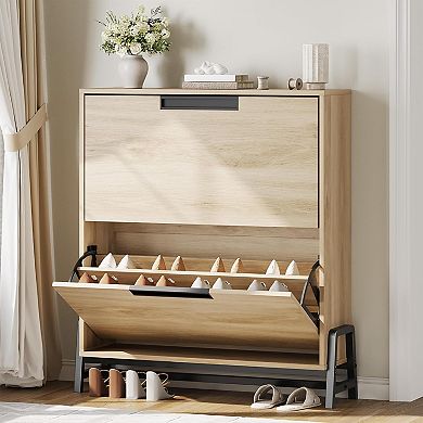 Flip-Drawer Shoe Cabinet, Compact, Adjustable Storage with Top Shelf for Keys
