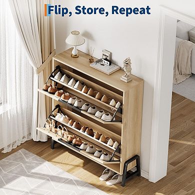 Flip-Drawer Shoe Cabinet, Compact, Adjustable Storage with Top Shelf for Keys