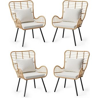 4 pc Outdoor All-Weather Wicker Club Chairs with Water-Resistant Cushions Boho Minimalist Style