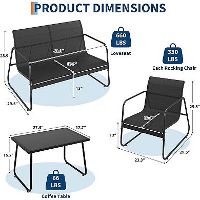 4-Piece Patio Textilene Conversation Set 2 Chairs Love Seat Glass Top Coffee Table Backyard Porch