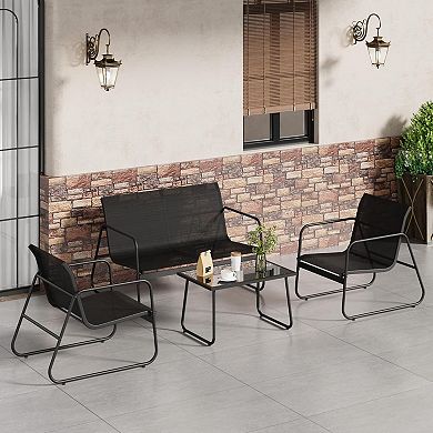 4-Piece Patio Textilene Conversation Set 2 Chairs Love Seat Glass Top Coffee Table Backyard Porch
