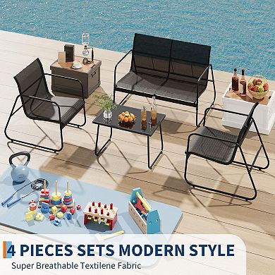 4-Piece Patio Textilene Conversation Set 2 Chairs Love Seat Glass Top Coffee Table Backyard Porch