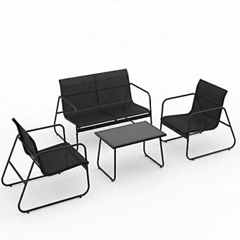 4 pc Patio Textilene Conversation Set 2 Chairs Love Seat Glass Top Coffee Table Backyard Porch