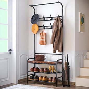 Hall Tree,Shoe Bench,4-in-1 Coat Rack Storage Bench With Shelf,8 Hook,Metal Frame Accent Furniture