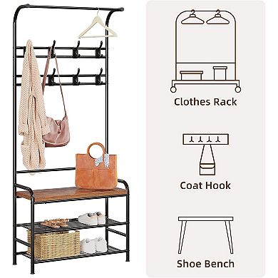 Hall Tree,Shoe Bench,4-in-1 Coat Rack Storage Bench With Shelf,8 Hook,Metal Frame Accent Furniture