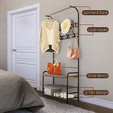 Hall Tree,Shoe Bench,4-in-1 Coat Rack Storage Bench With Shelf,8 Hook,Metal Frame Accent Furniture