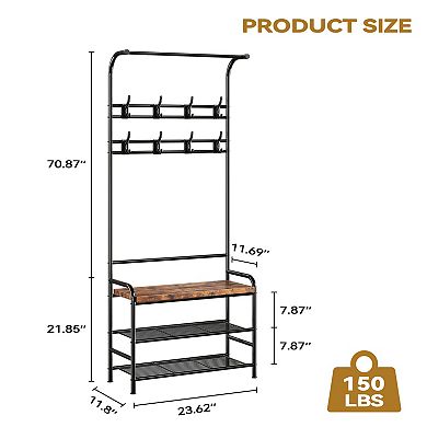 Hall Tree,Shoe Bench,4-in-1 Coat Rack Storage Bench With Shelf,8 Hook,Metal Frame Accent Furniture