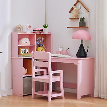 Kids Study Desk with Chair,L Shape Kids Desk and Chair Sets with Hutch and Storage Cabinet