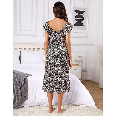 Women Casual Sleepwear Ruffle Printed Shift Sleepdress