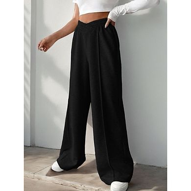 Women Crossover Waist Sweatpants Casual Wide Leg Pants