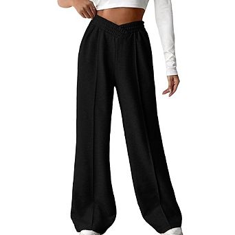Women Crossover Waist Sweatpants Casual Wide Leg Pants