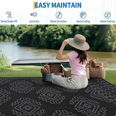 GlowSol Modern Geometric Outdoor Rugs Reversible UV Resistant Portable Plastic Straw Rug for Patio