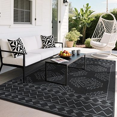 GlowSol Modern Geometric Outdoor Rugs Reversible UV Resistant Portable Plastic Straw Rug for Patio