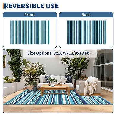 GlowSol Modern Outdoor Rugs Stripped Reversible Waterproof Portable Platic Straw Rugs for Patio