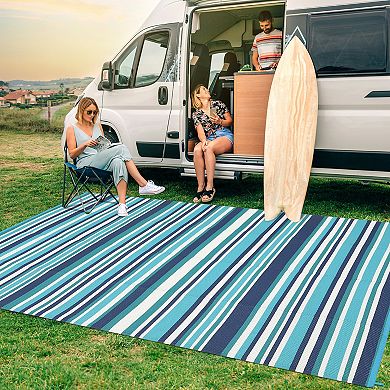 GlowSol Modern Outdoor Rugs Stripped Reversible Waterproof Portable Platic Straw Rugs for Patio